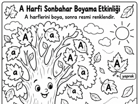 A harfi sonbahar boyama çalışması: yapraklar, meyveler ve A a harfleri