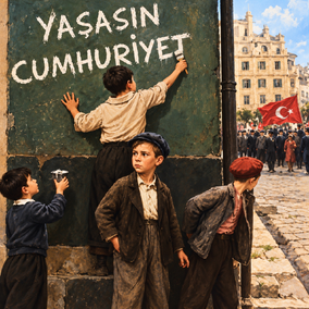 Yaşasın Cumhuriyet yazısını yazan çocuklar pano görseli